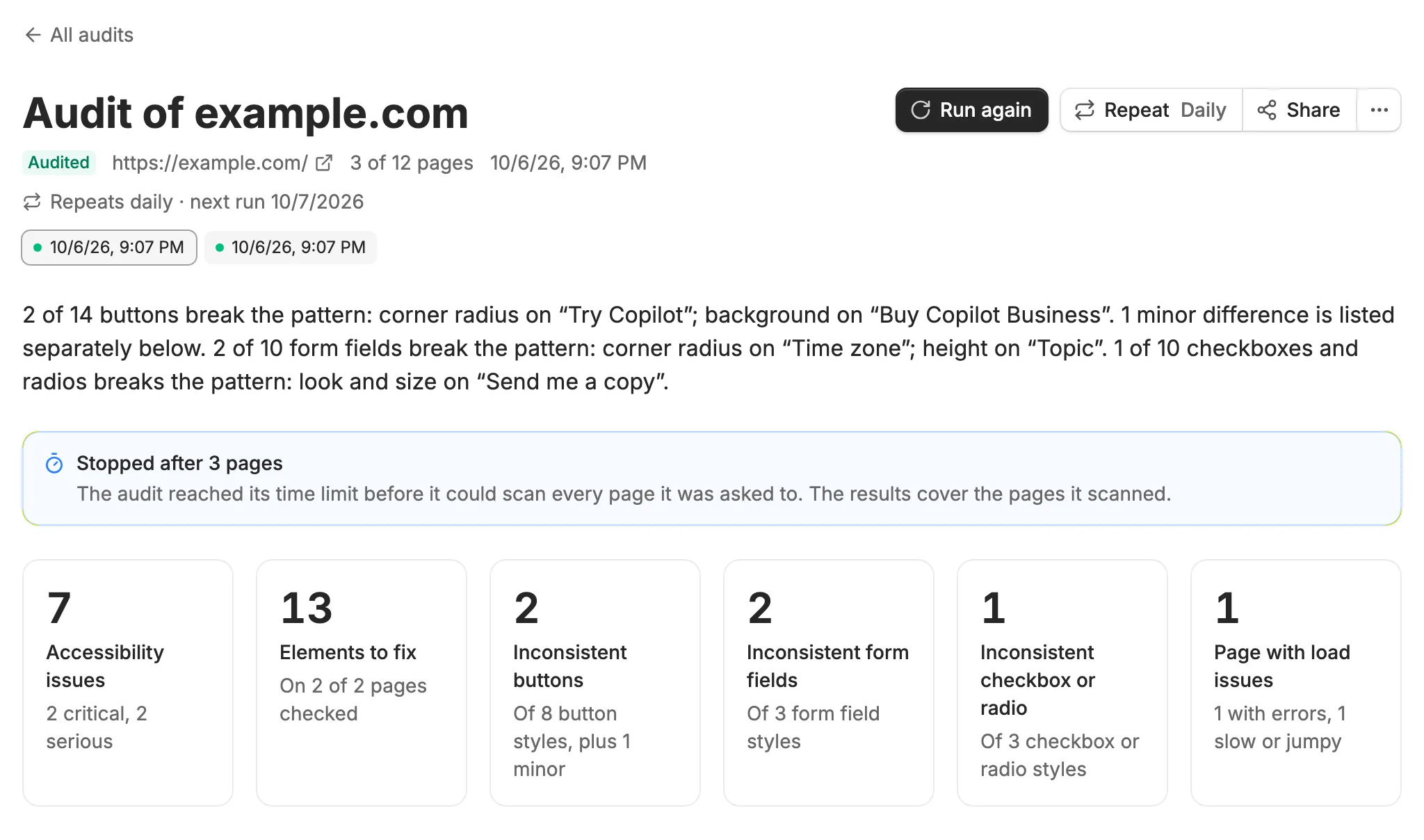 An audit's overview: a one-sentence verdict, a note that it stopped after 3 pages, and six tiles: 7 accessibility issues, 13 elements to fix, 2 inconsistent buttons, 2 inconsistent form fields, 1 inconsistent checkbox or radio, and 1 page with load issues.