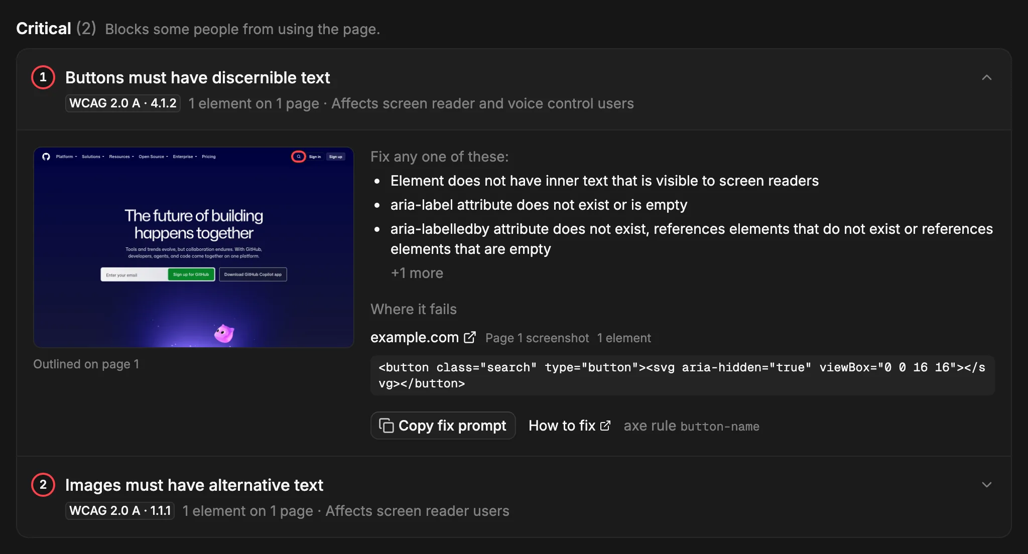 A critical accessibility rule opened: Buttons must have discernible text. A screenshot outlines the search button, beside the fixes to choose from, where it fails, the failing markup, and a Copy fix prompt button.