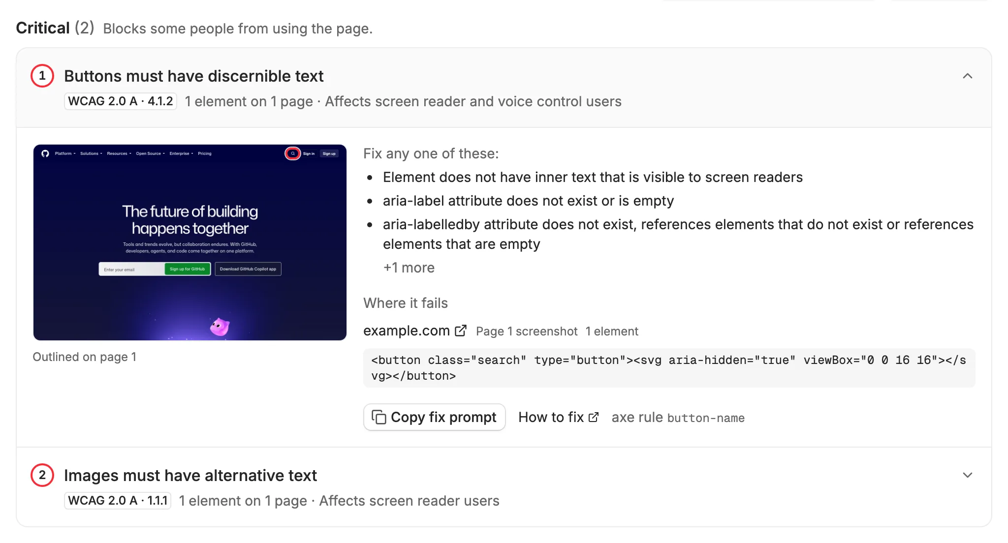 A critical accessibility rule opened: Buttons must have discernible text. A screenshot outlines the search button, beside the fixes to choose from, where it fails, the failing markup, and a Copy fix prompt button.