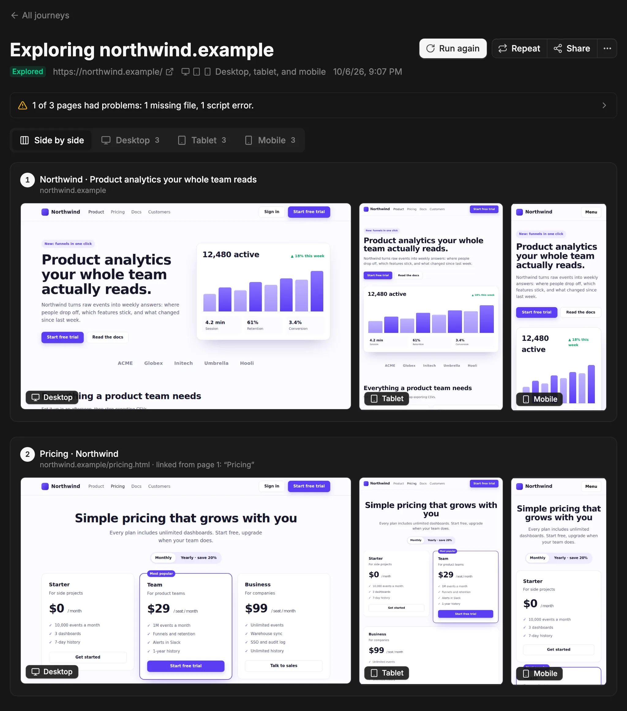 An Explore of northwind.example on desktop, tablet, and mobile, under a line saying 1 of 3 pages had problems. Page 1, the home page, and page 2, the pricing page, each appear on all three devices side by side.