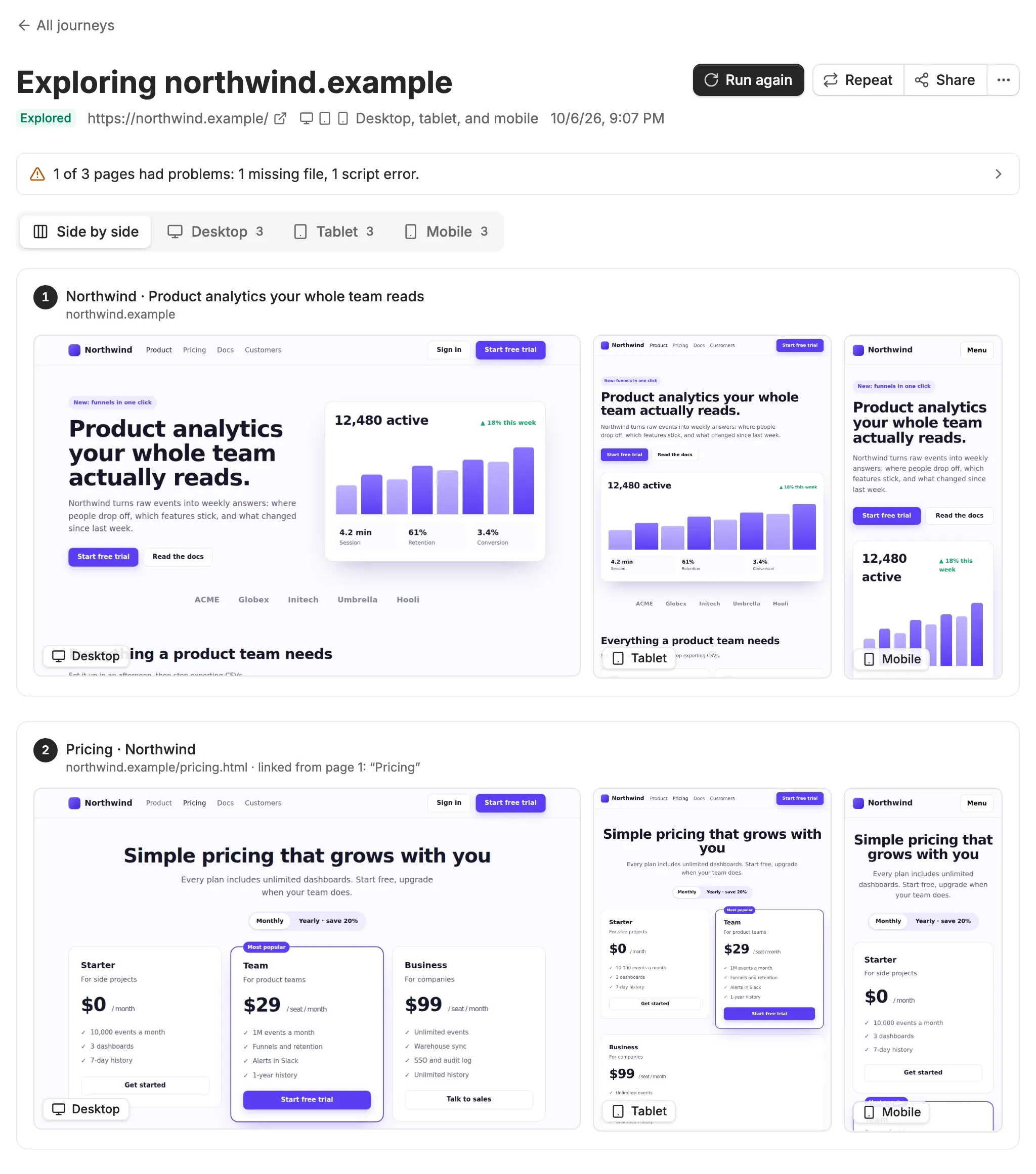 An Explore of northwind.example on desktop, tablet, and mobile, under a line saying 1 of 3 pages had problems. Page 1, the home page, and page 2, the pricing page, each appear on all three devices side by side.