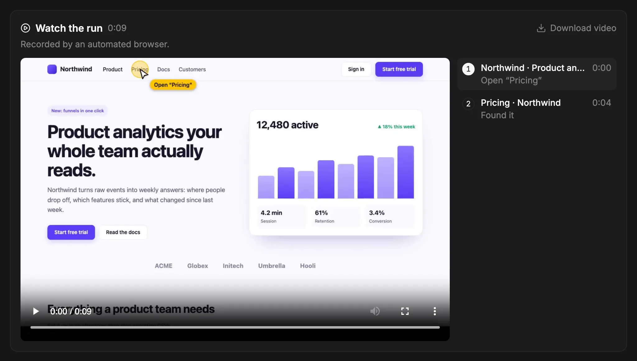 Watch the run: the video of the desktop browser on the Northwind home page, with a yellow cursor labelled Open “Pricing”, and two chapters beside it, the home page and the pricing page.
