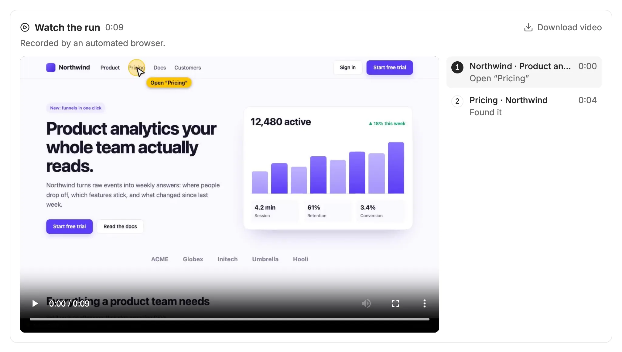 Watch the run: the video of the desktop browser on the Northwind home page, with a yellow cursor labelled Open “Pricing”, and two chapters beside it, the home page and the pricing page.