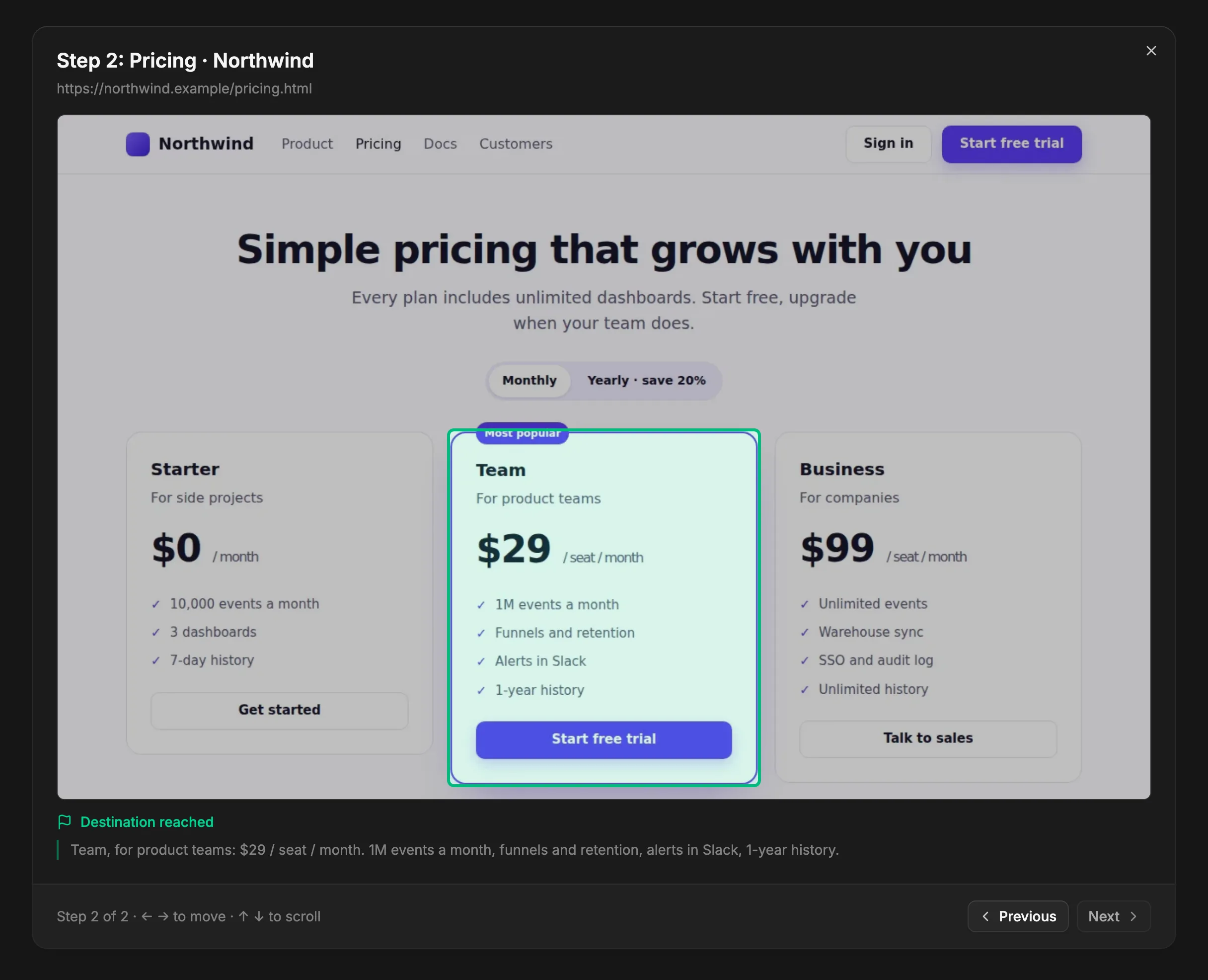 The screenshot viewer showing step 2, the pricing page, with the Team plan outlined and the passage that answers the goal quoted below.