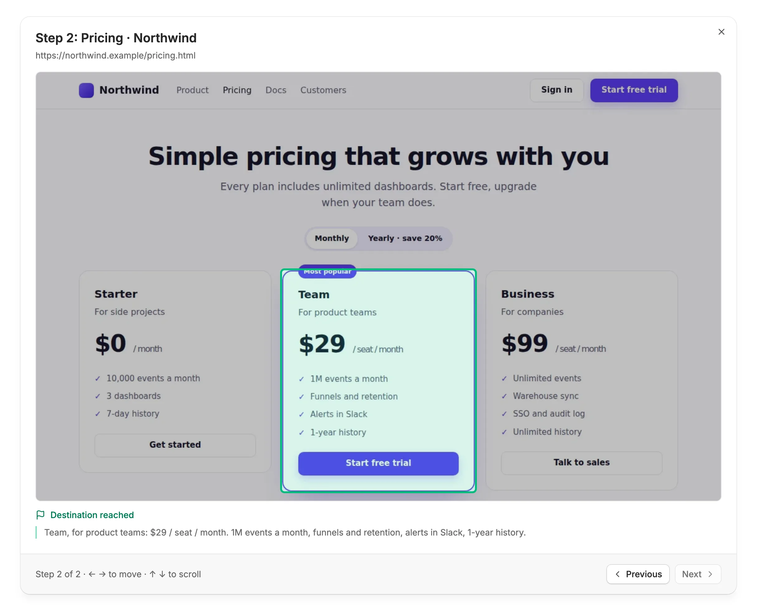 The screenshot viewer showing step 2, the pricing page, with the Team plan outlined and the passage that answers the goal quoted below.