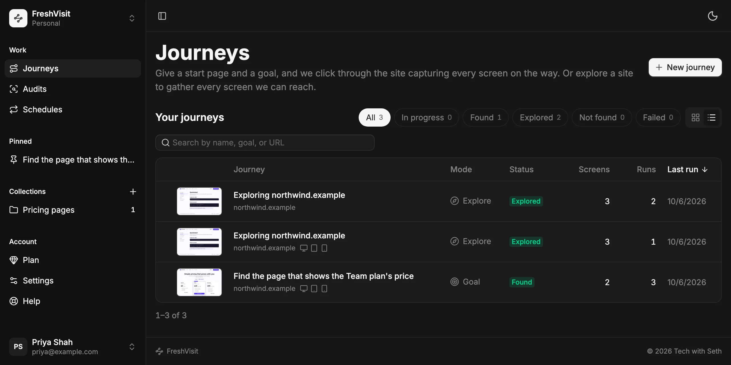 The Journeys page: a sidebar with Journeys, Audits, Schedules, a pinned journey, and a collection, beside a table of two journeys.