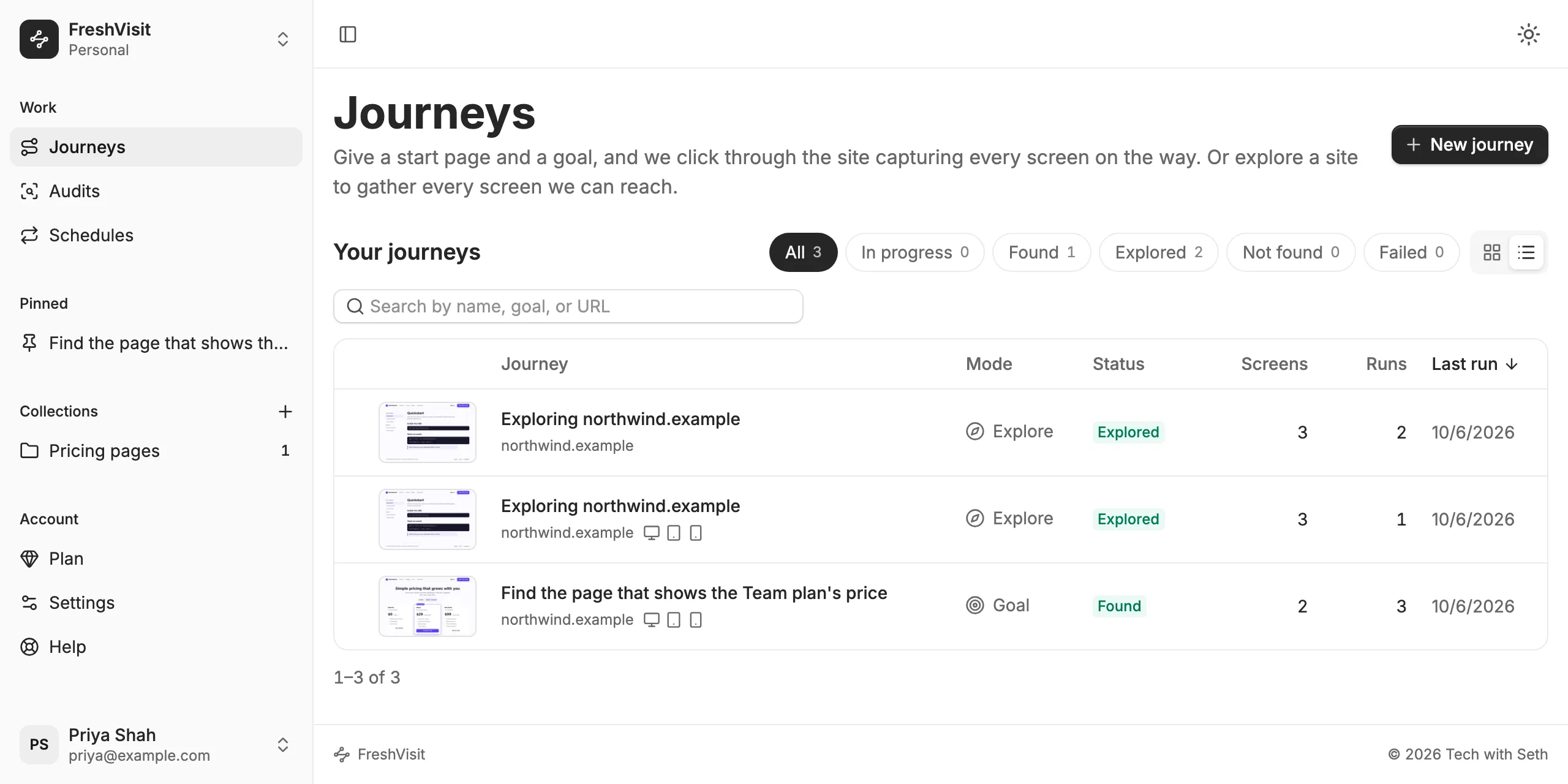 The Journeys page: a sidebar with Journeys, Audits, Schedules, a pinned journey, and a collection, beside a table of two journeys.