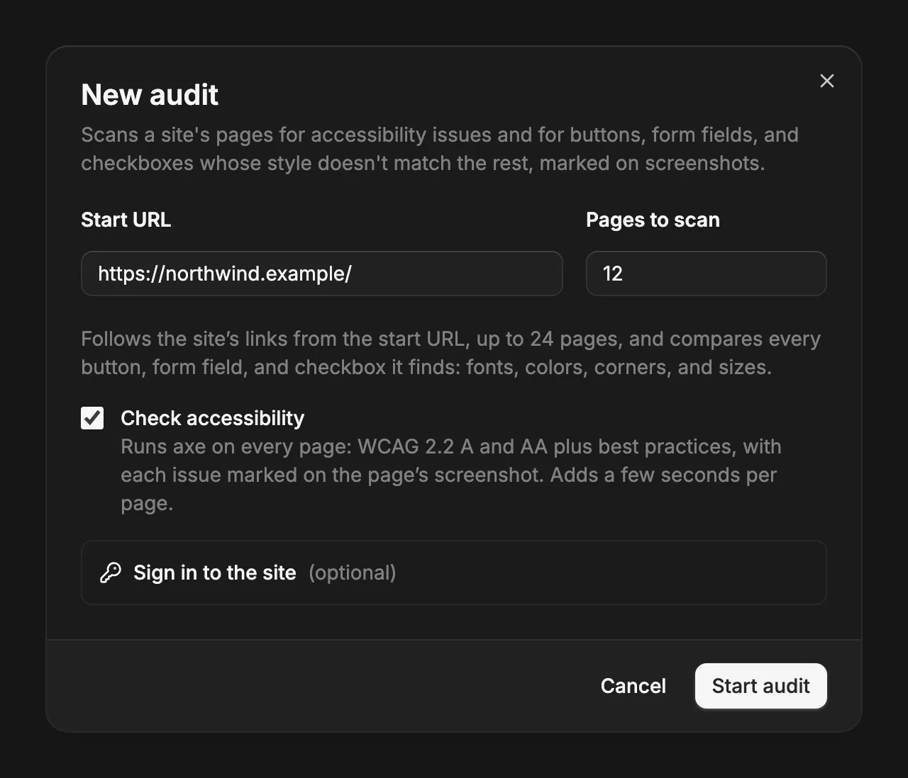 The New audit dialog with a start URL, Pages to scan at 12, and Check accessibility switched on.