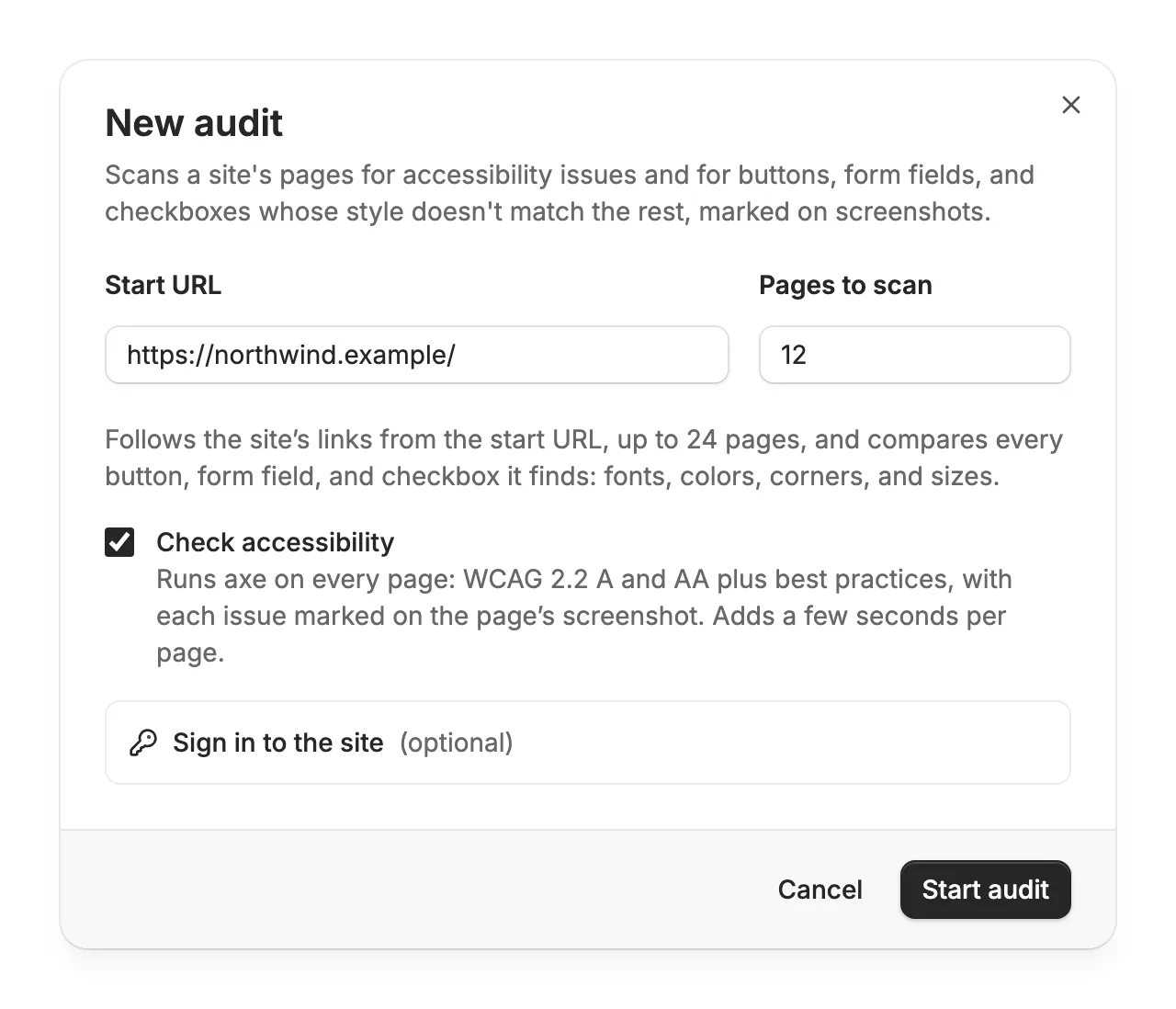 The New audit dialog with a start URL, Pages to scan at 12, and Check accessibility switched on.
