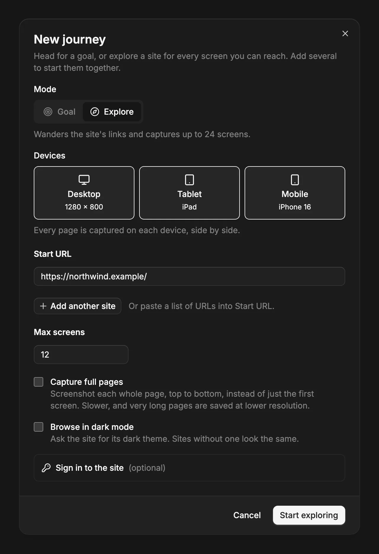 The New journey dialog in Explore mode, with Desktop, Tablet, and Mobile picked, a start URL, Max screens at 12, and Capture full pages unchecked.