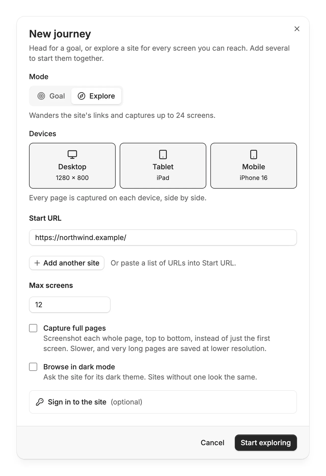The New journey dialog in Explore mode, with Desktop, Tablet, and Mobile picked, a start URL, Max screens at 12, and Capture full pages unchecked.