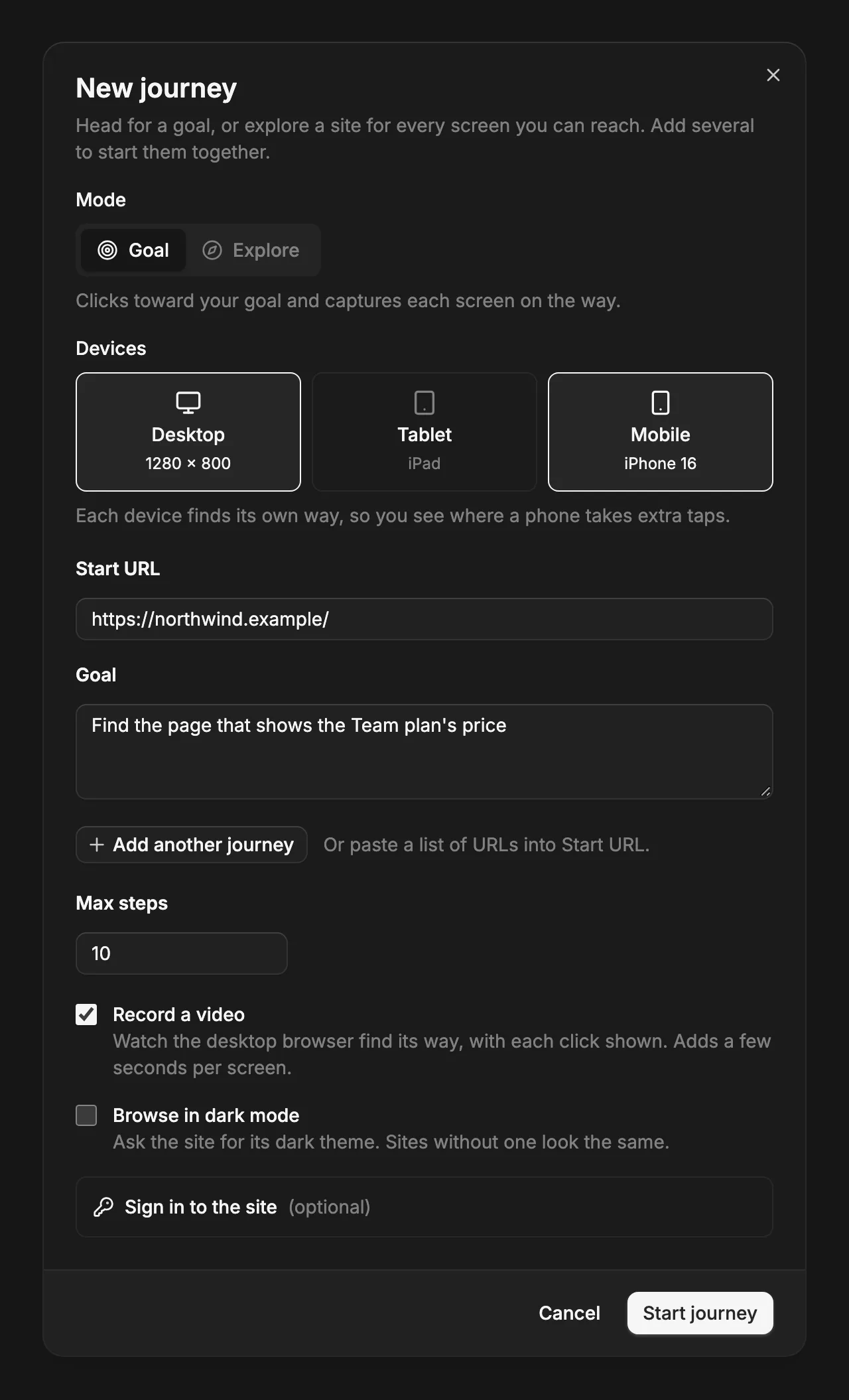 The New journey dialog with Goal mode, Desktop and Mobile picked, a start URL, and a goal filled in.