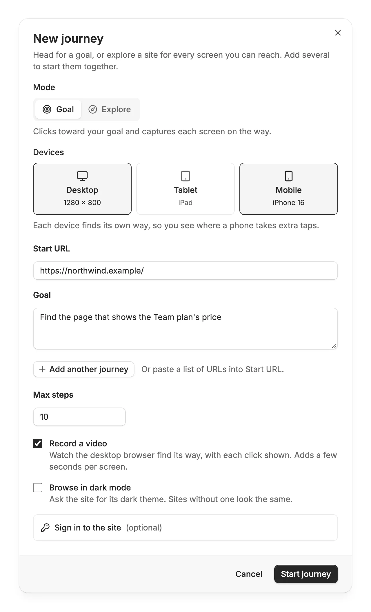 The New journey dialog with Goal mode, Desktop and Mobile picked, a start URL, and a goal filled in.