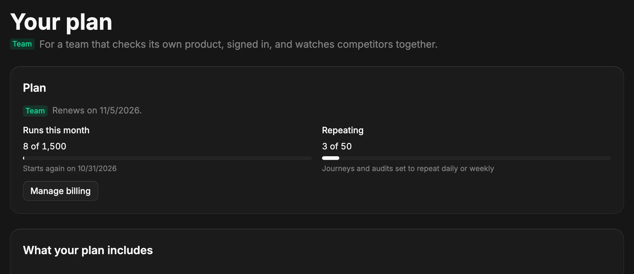 The Your plan page on Team: renews next month, runs this month and repeats on, and the list of everything the plan includes, all checked.