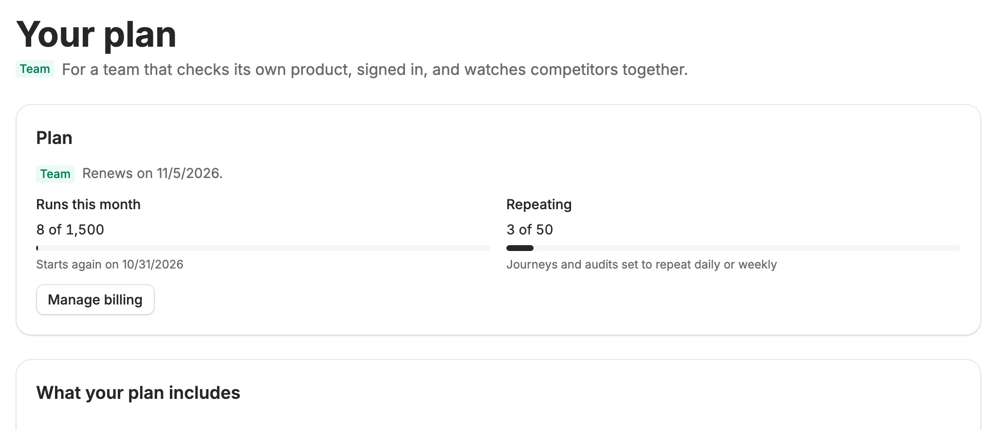 The Your plan page on Team: renews next month, runs this month and repeats on, and the list of everything the plan includes, all checked.