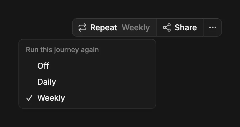 The Repeat menu, “Run this journey again”, with Off, Daily, and Weekly, and Weekly chosen.