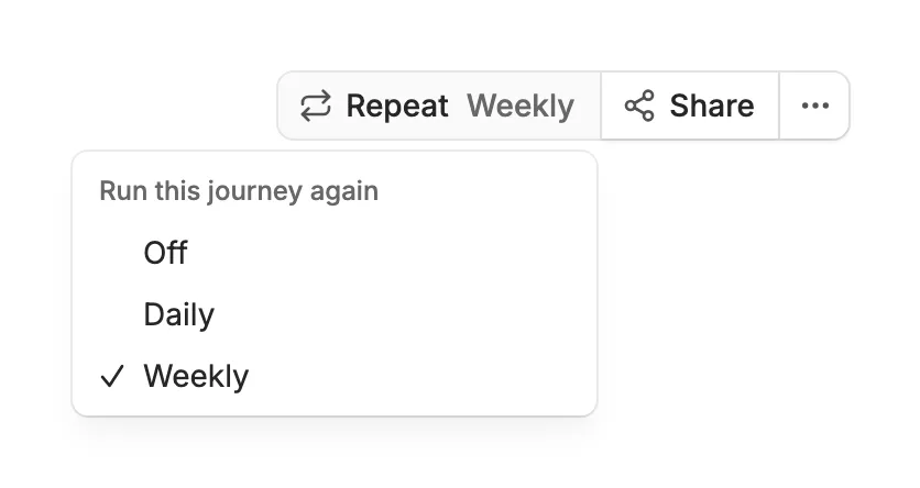 The Repeat menu, “Run this journey again”, with Off, Daily, and Weekly, and Weekly chosen.