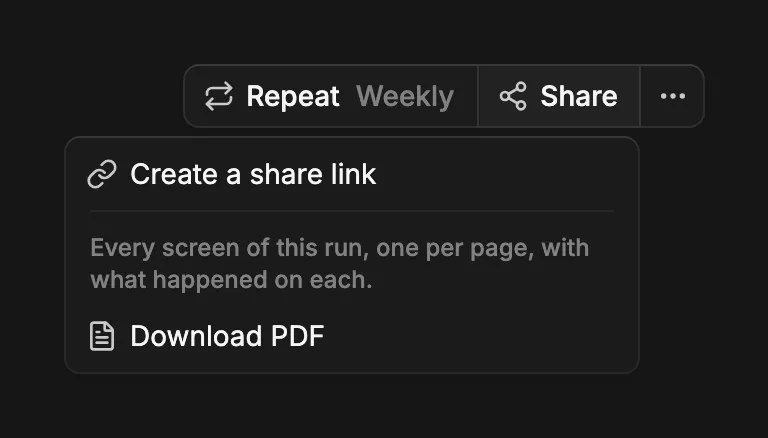 The Share menu with Create a share link and Download PDF.