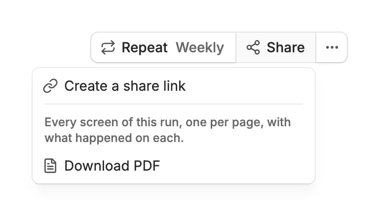 The Share menu with Create a share link and Download PDF.