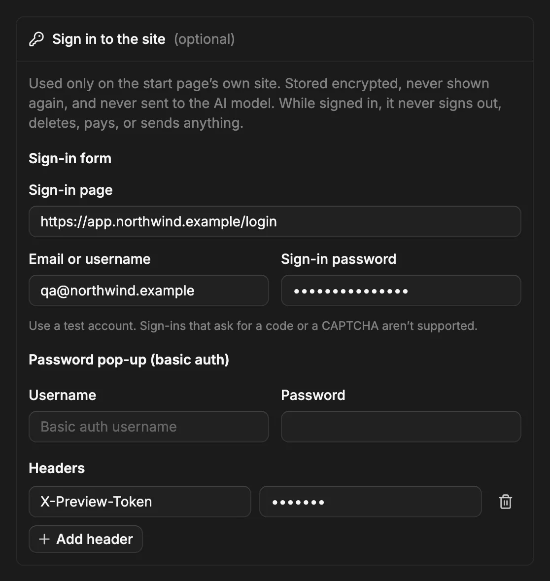 The Sign in to the site section of the New journey dialog: a sign-in page, an email, and a hidden password, then the password pop-up fields and a header.
