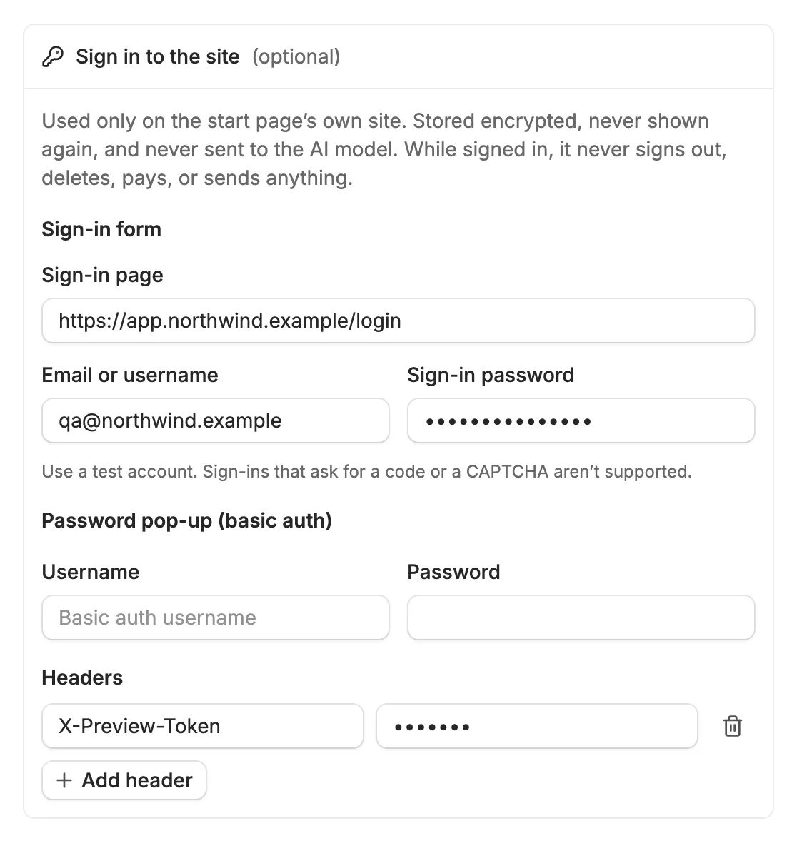 The Sign in to the site section of the New journey dialog: a sign-in page, an email, and a hidden password, then the password pop-up fields and a header.