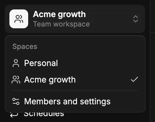 The space menu at the top of the sidebar: Personal and Acme growth under Spaces, Acme growth checked, then Members and settings.