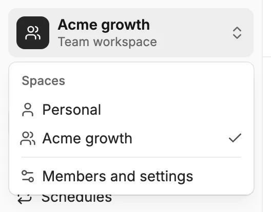 The space menu at the top of the sidebar: Personal and Acme growth under Spaces, Acme growth checked, then Members and settings.