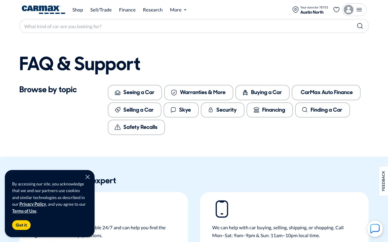 Screenshot of Find all the different ways to get help at CarMax