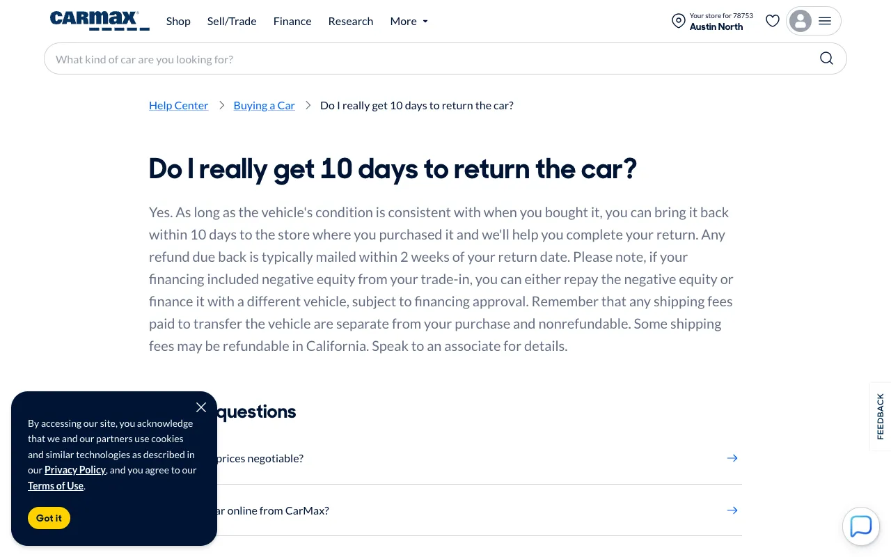 Screenshot of Do I really get 10 days to return the car?