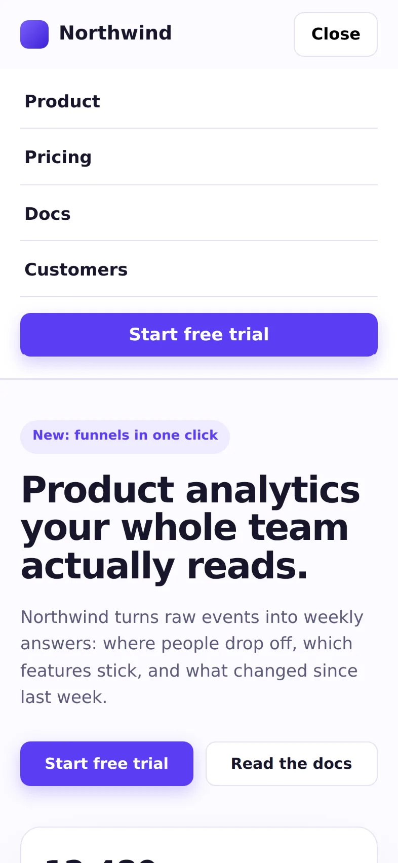 Screenshot of Northwind · Product analytics your whole team reads