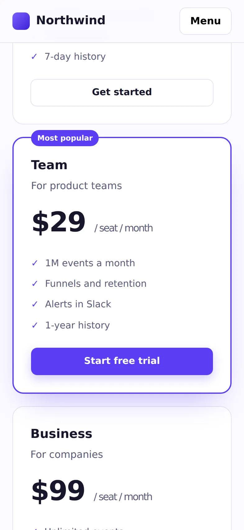 Screenshot of Pricing · Northwind