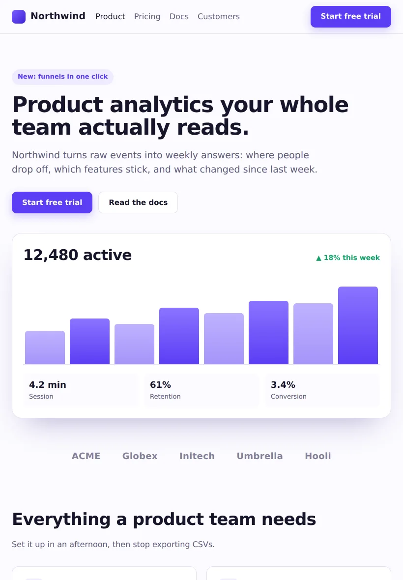 Screenshot of Northwind · Product analytics your whole team reads